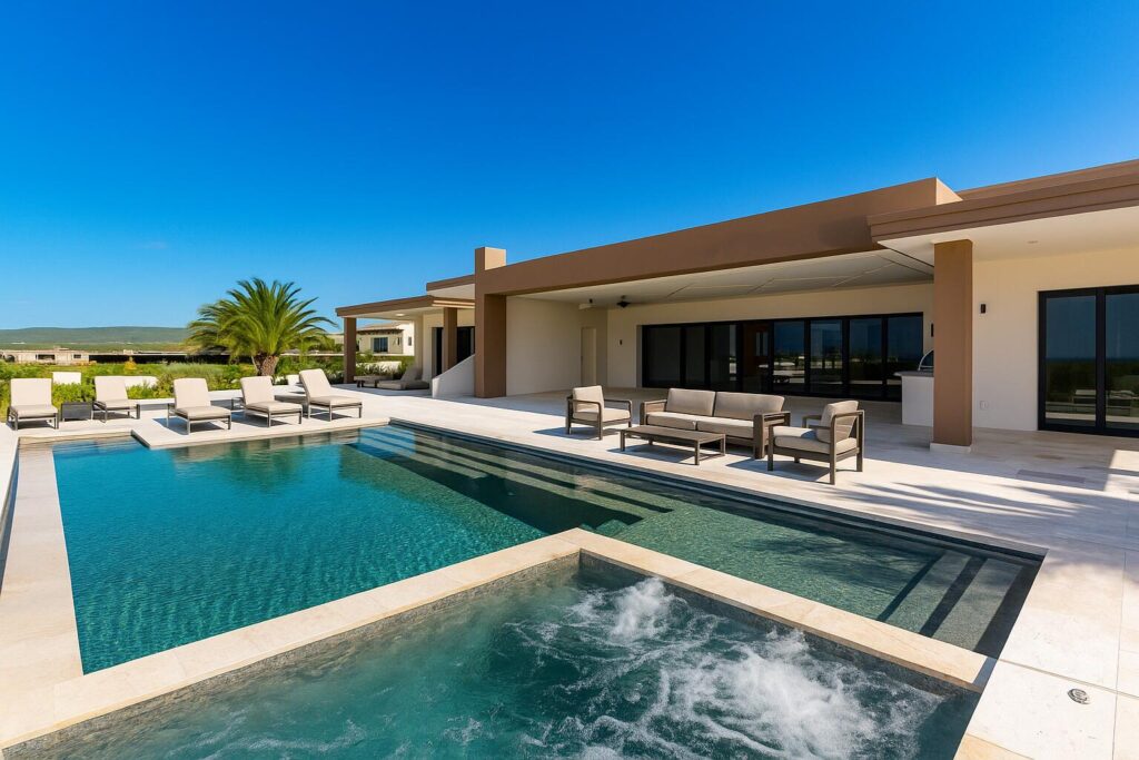 Los Cabos Fundadores Villa Maralta 62 offers contemporary coastal living in Puerto Los Cabos.This newly built 5-bedroom residence is designed around seamless indoor-outdoor flow, with main living areas opening toward the terrace, pool, and ocean – 29 Boulevard Diamante, Pacific, BS