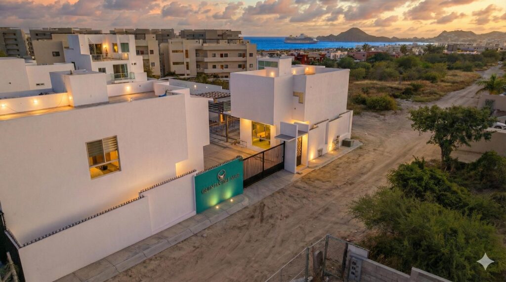 Los Cabos Terranova Beautiful turnkey two-story corner home located in the gated community of Terranova Residencial. The main level offers an inviting living and dining area, a kitchen with granite countertops and pantry. Also a flex room ideal as a guest bedroom or home office.The second level features three bedrooms, including a spacious primary suite with walk-in closet, bathtub, and double vanity, plus two additional bedrooms connected by a Jack-and-Jill bathroom.Enjoy a private backyard with an 80 m² garden, swimming pool, and BBQ area, perfect for entertaining. The rooftop terrace with pergola and BBQ area offers beautiful sunset – Casa Quintas del Mar #1, Cabo Corridor, Cabo Corridor, BS