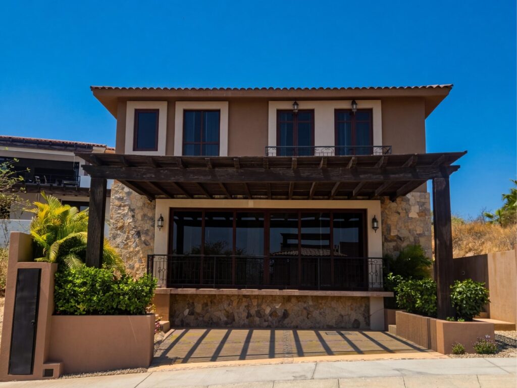 Los Cabos Cumbre Del Tezal Luxury finishes include marble flooring, wood kitchen with granite countertops, built-in wooden closets in all bedrooms, and vanities with tempered glass shower doors in all 3.5 baths. Fully equipped with 5 Gree inverter mini-split A/C units (3 × 1-ton, 2 × 2-ton), LG 22' French Door refrigerator, Whirlpool gas stove, and 1.7 cu ft microwave hood. Additional features: rooftop with bar, grill & sink, private terrace, storage, WiFi smart lock, private 5,000-liter cistern, and termite prevention system. Community: pool, gym, sports courts, kids' area, 3 clubhouses & 24/7 gated security – Club Campestre Vista Hermosa, San Jose del Cabo, BS