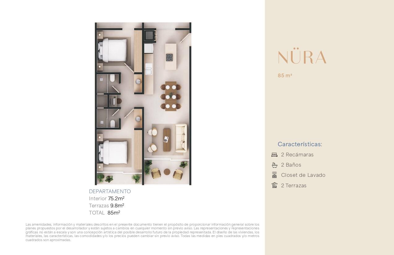 Los Cabos Nahara Cabo Living Discover this exclusive 2-bedroom residence at Nahara Cabo Living. Offering 85 m² total, including 75.2 m² of interior living space and 9.8 m² of terraces, this thoughtfully designed unit features a functional layout, abundant natural light, two private terraces, a laundry closet, elevator access, and high-end finishes throughout.Residents enjoy resort-style amenities including a clubhouse with gym, hotel-style guest suites, swimming pools, paddle and pickleball courts, fire pit areas, panoramic – NURA NAHARA CABO LIVING, Cabo Corridor, Cabo Corridor, BS