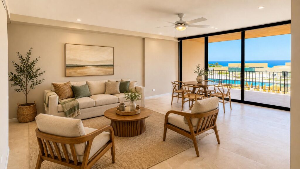 Los Cabos Lumaria Lumaria C-106 is a upscale turnkey two-bedroom, two-bathroom ground-floor residence in El Tezal with ocean, Arch, pool and garden – Cam. A Solaria Los Cabos, Cabo Corridor, BS