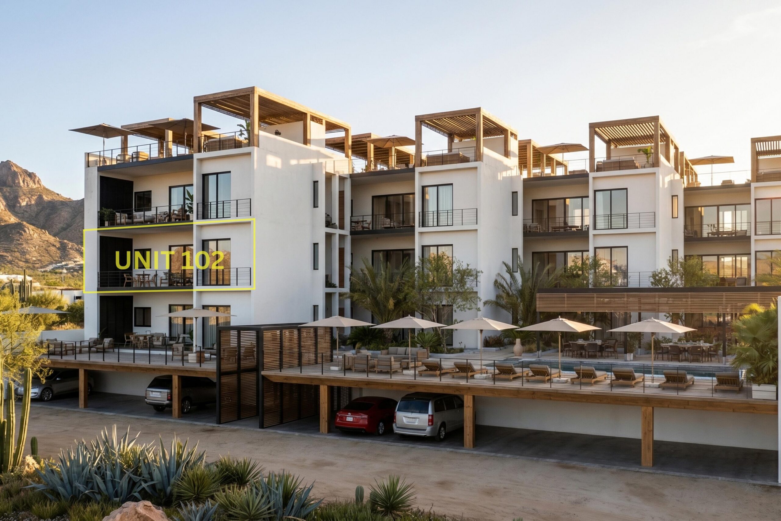 Los Cabos Vista Mare Condo for sale at Vista Mare in Cabo San Lucas, located on the ground floor and ready for delivery. This unit offers 128.03 m² total, distributed in 97.65 m² of interior space and 30.38 m² of terraces, providing comfortable and functional living areas. It features 2 bedrooms, 2 full bathrooms, living room, dining area, equipped kitchen, air conditioning, and a pleasant private patio, ideal for enjoying an exclusive outdoor space. It also includes 1 underground parking space. The development offers amenities such as a gym, 2 swimming pools, jacuzzi, and firepit, perfect for enjoying the Los Cabos lifestyle. An excellent option to live in, vacation, or invest in a high-demand real estate area. – S/N Via La Paloma, Cabo Corridor, BS